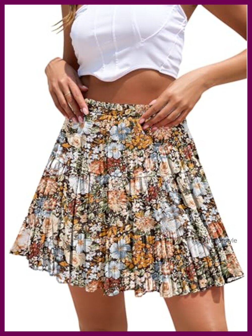 Boho Floral Chiffon Tiered Pleated High Waist A-Line Mini Skirt